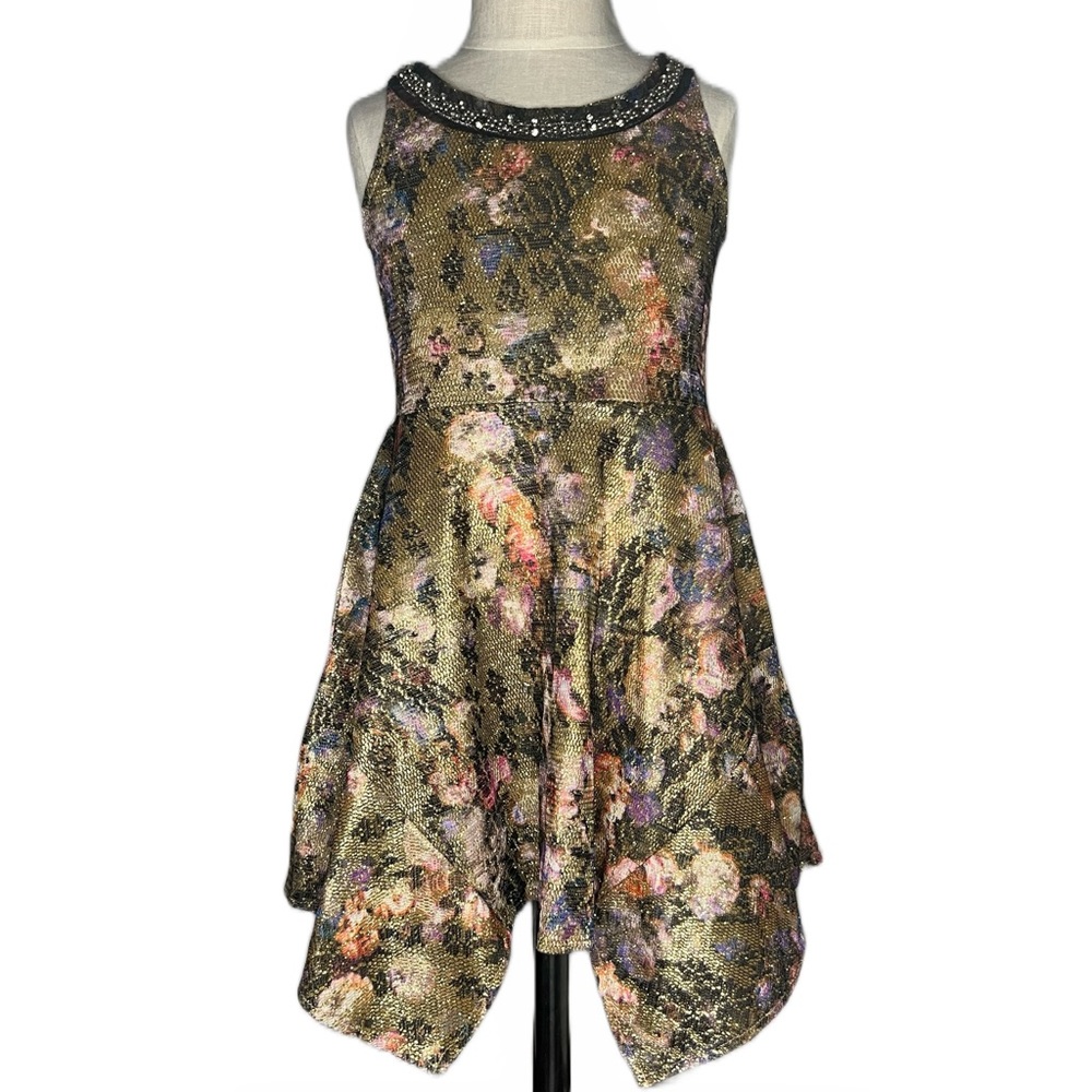 Hannah Banana Metallic Gold Floral Jewel Neckline Asymmetric Hem Dress